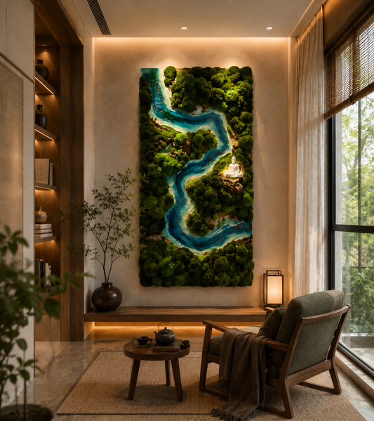 Quiet River — preserved moss wall panel with winding resin river and backlit Buddha, by Nôi Studio