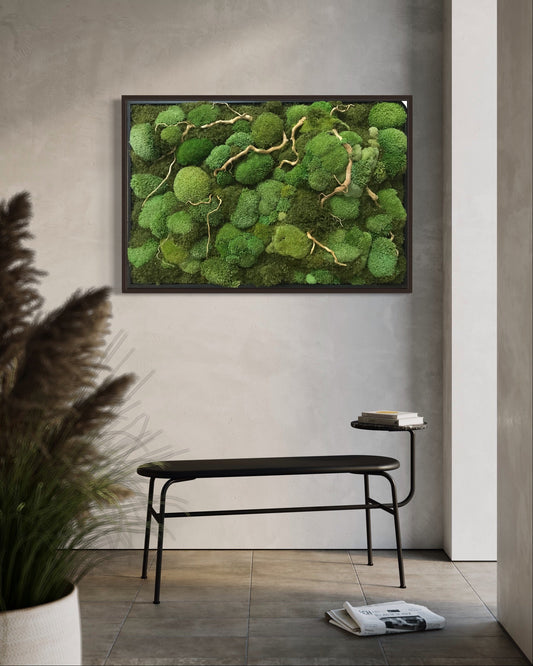 Golden Vein — preserved moss wall art with driftwood inlay, 120x80cm, by Nôi Studio