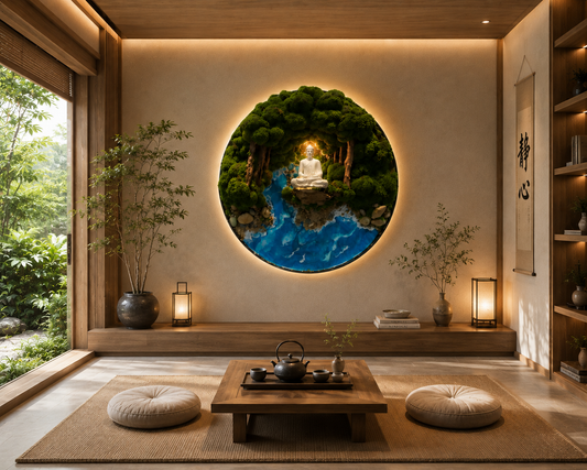 Stillness — round preserved moss Buddha piece with backlight and resin water, by Nôi Studio